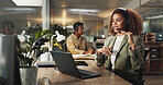 Woman, night or agent consulting with laptop or headphones at call center for online advice or assistance. Female person, consultant or employee with mic for explanation or customer service at office