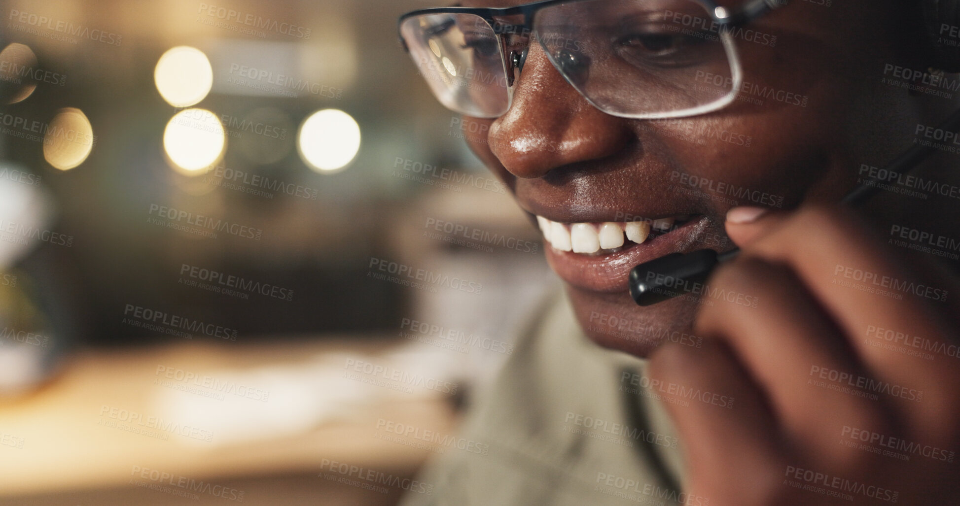 Buy stock photo Black man, mouth and call center with mic at night for telemarketing, communication or online support. Closeup, African consultant or agent with smile or headphones for advice, telesales or CRM help