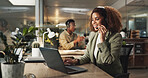 Happy woman, night and consultant with laptop or headphones at call center for online advice or telemarketing. Female person, agent or employee with mic on computer for customer service or telesales