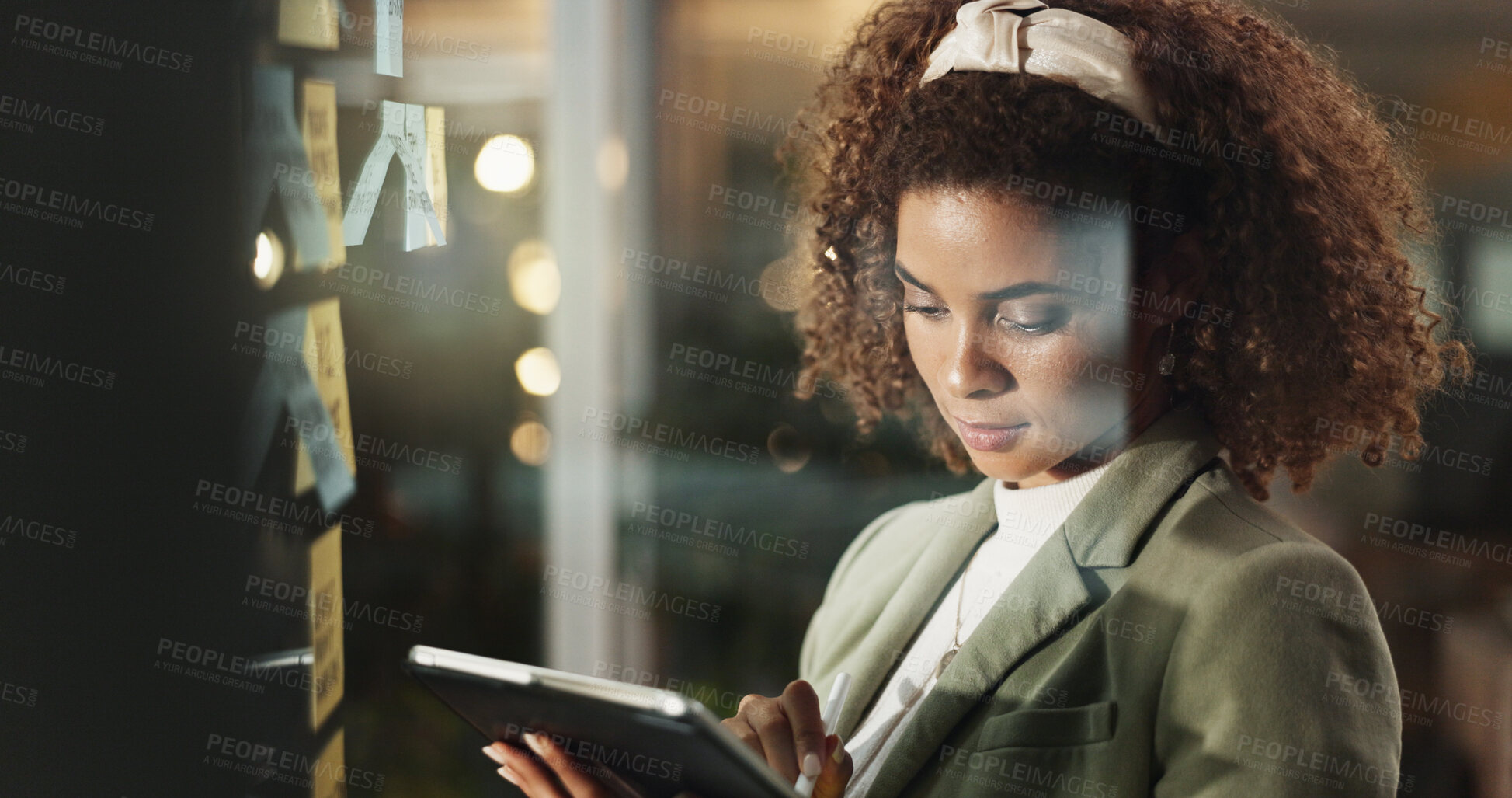 Buy stock photo Night, woman and tablet at window for planning, task reminders and brainstorming with sticky notes. Business, admin person and tech in office for schedule, problem solving and moodboard on glass