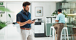 Business people, typing and man with tablet, internet and network with app, email notification and social media. Person, consulting agency and employee with technology, communication and connection