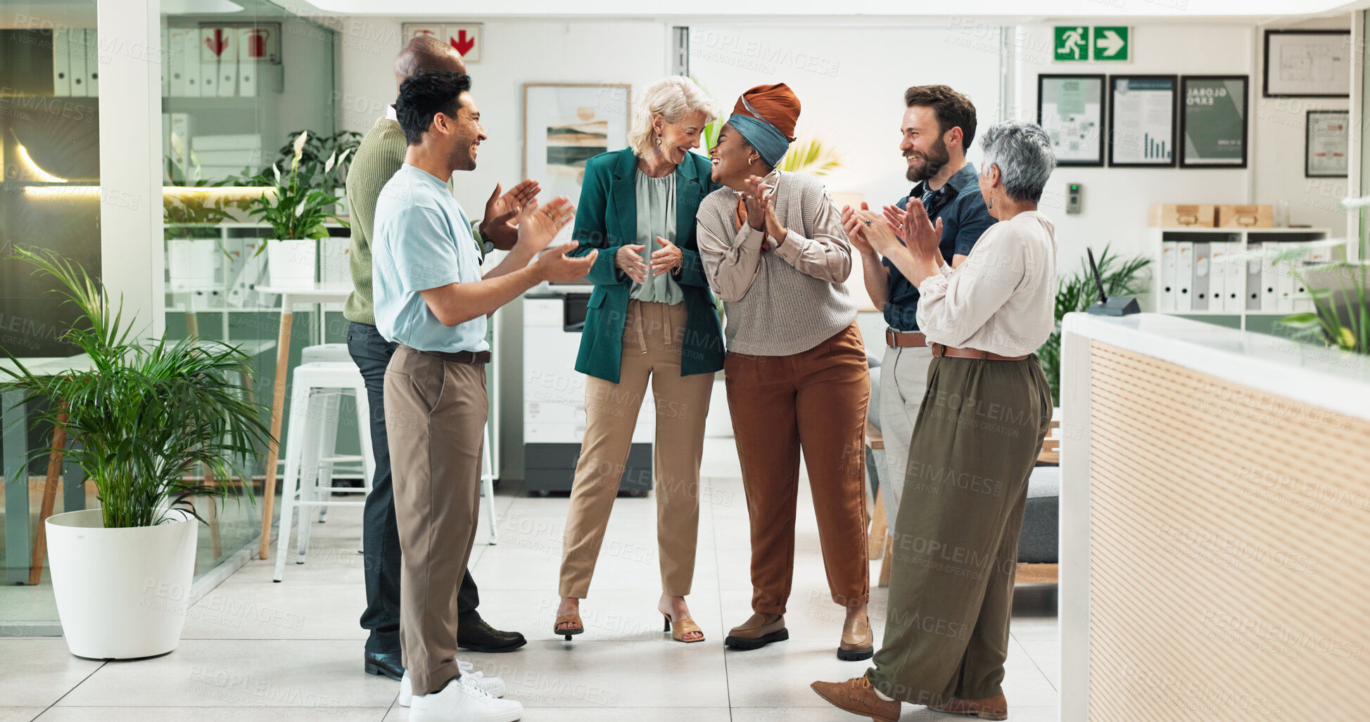 Buy stock photo Business people, teamwork and applause with diversity, achievement and collaboration. Employees, coworkers and group in modern office, clapping and success with cooperation, smile and kpi target