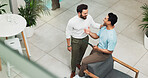 Above, business people and men in office, tablet and conversation with planning. Employees, insurance agency and coworkers with technology, discussion and talking with schedule, cooperation and funny
