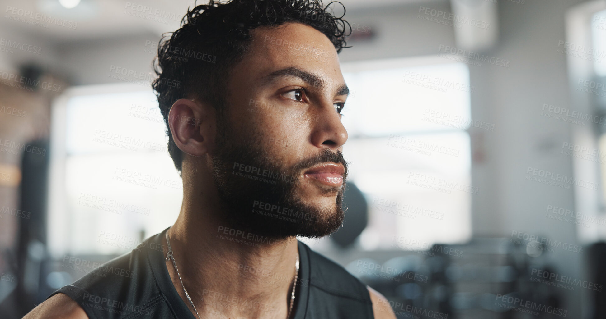 Buy stock photo Man, sweating and thinking as tired in workout, intense exercise and wellness with fatigue. Male person, recovery and exhausted as athlete for health, challenge and training in fitness, sports or gym