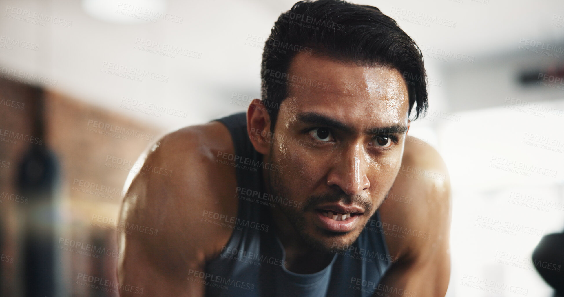 Buy stock photo Gym, asian man and tired with breathing for fitness, cardio training and exhausted for health workout. Sweat, male person and bodybuilder with thinking for exercise session, wellness and challenge
