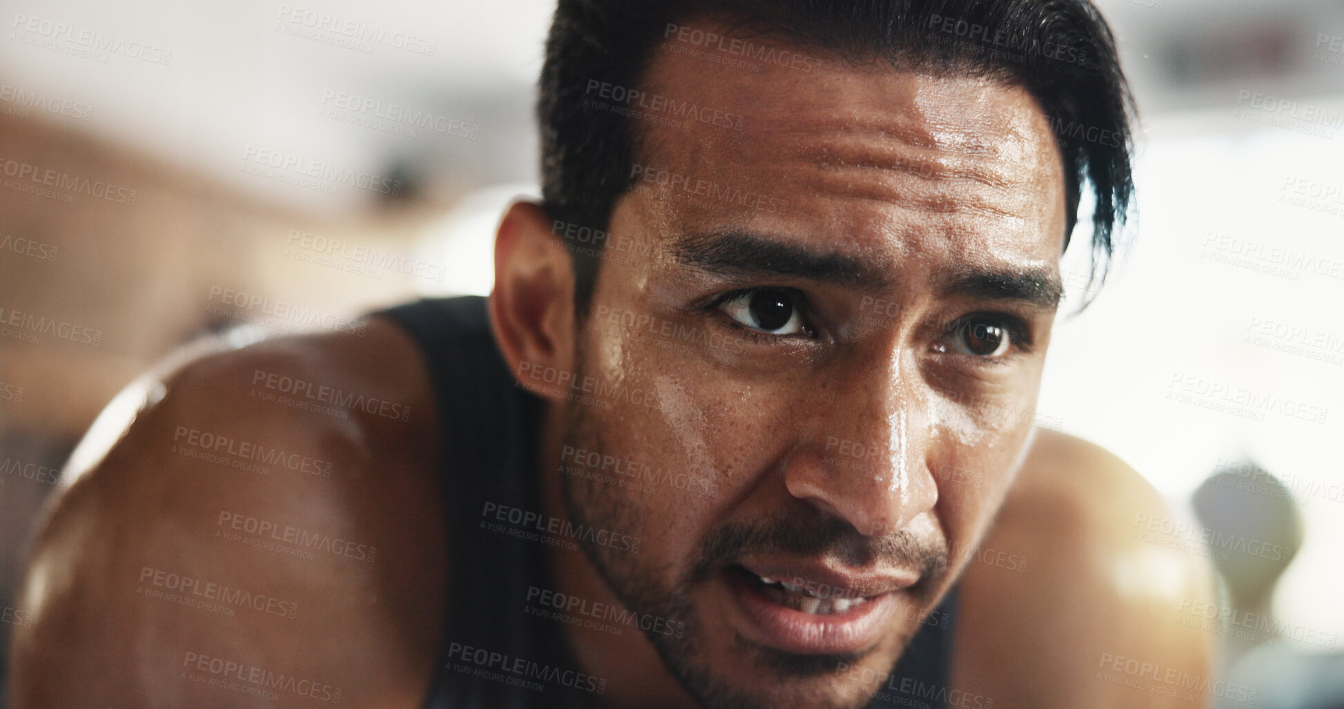 Buy stock photo Gym, asian man and tired with rest for fitness, cardio training and exhausted for health workout. Breathing, male person and body builder with thinking for exercise session, wellness and challenge