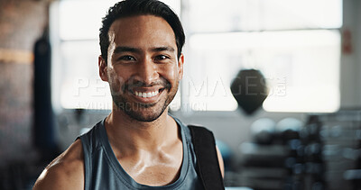 Buy stock photo Man, sweat and portrait in happiness for exercise, intense workout and wellness with energy. Male person, recovery and pride as athlete for health, challenge and training for fitness or sports in gym