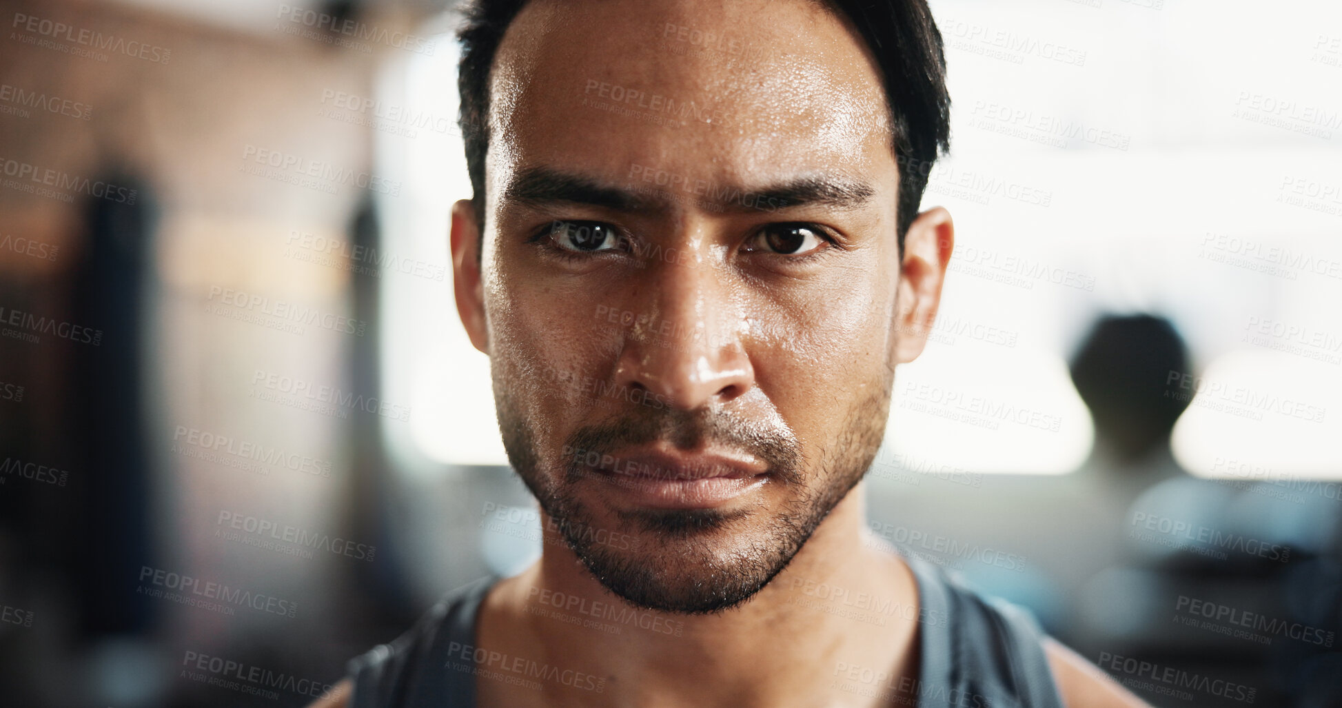 Buy stock photo Man, sweat and portrait as serious for training, intense workout and wellness with power. Male person, bodybuilder and pride as athlete for health, challenge and exercise for fitness or sports in gym
