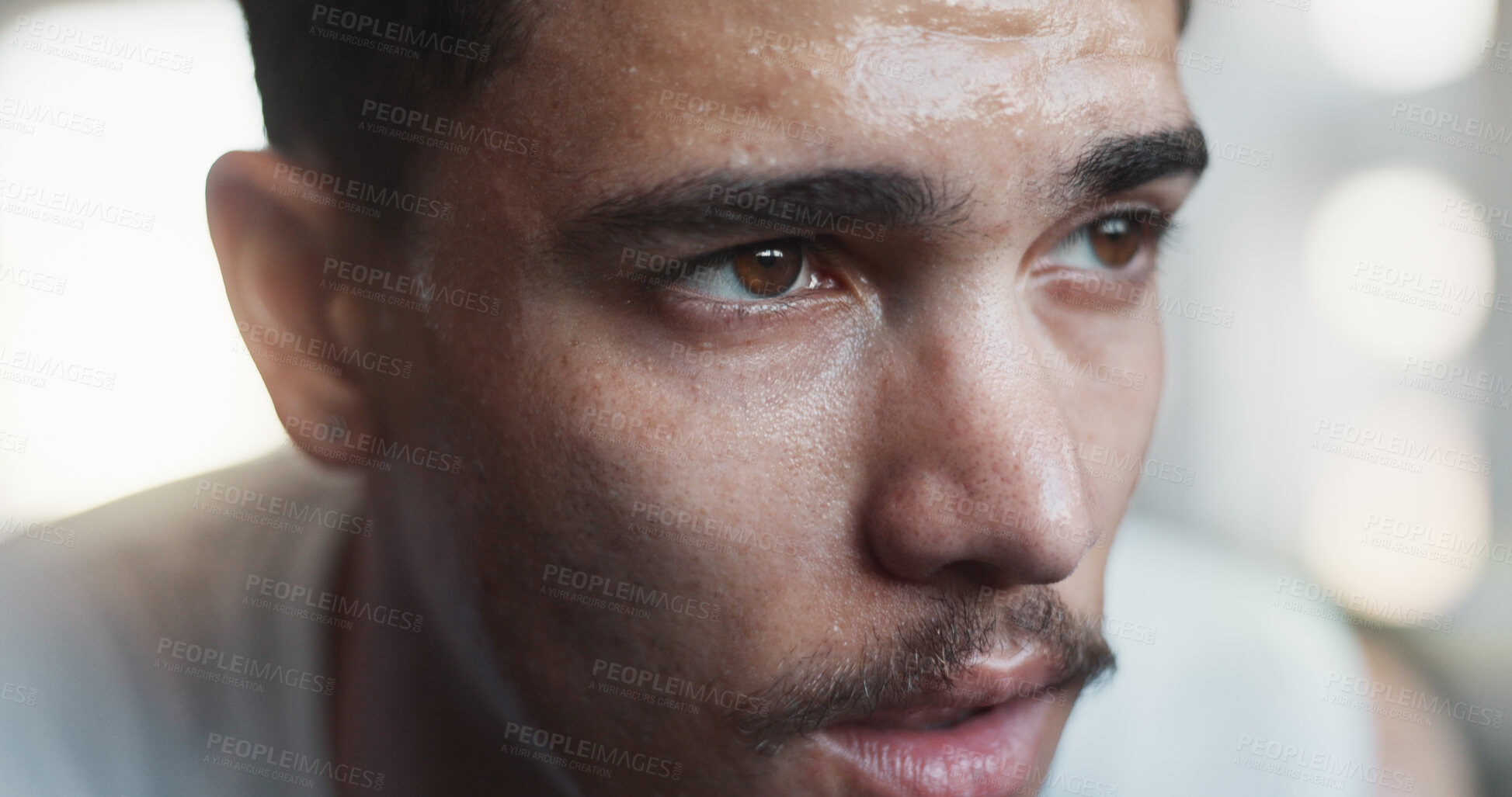 Buy stock photo Gym, man and tired with sweat for fitness, cardio training and exhausted for health workout. Rest, male person and bodybuilder with thinking for exercise session, wellness recovery and commitment