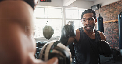 Buy stock photo Boxing, man and personal trainer in gym with workout, power and training for sport and strength in wellness club. Coach, health and sweating athlete and boxer with exercise for fight and match