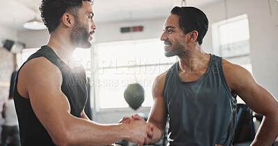 Buy stock photo Fitness, men and handshake in gym for workout success, wellness challenge or training teamwork. Athlete, personal trainer or hand gesture at sports center for exercise progress or performance support