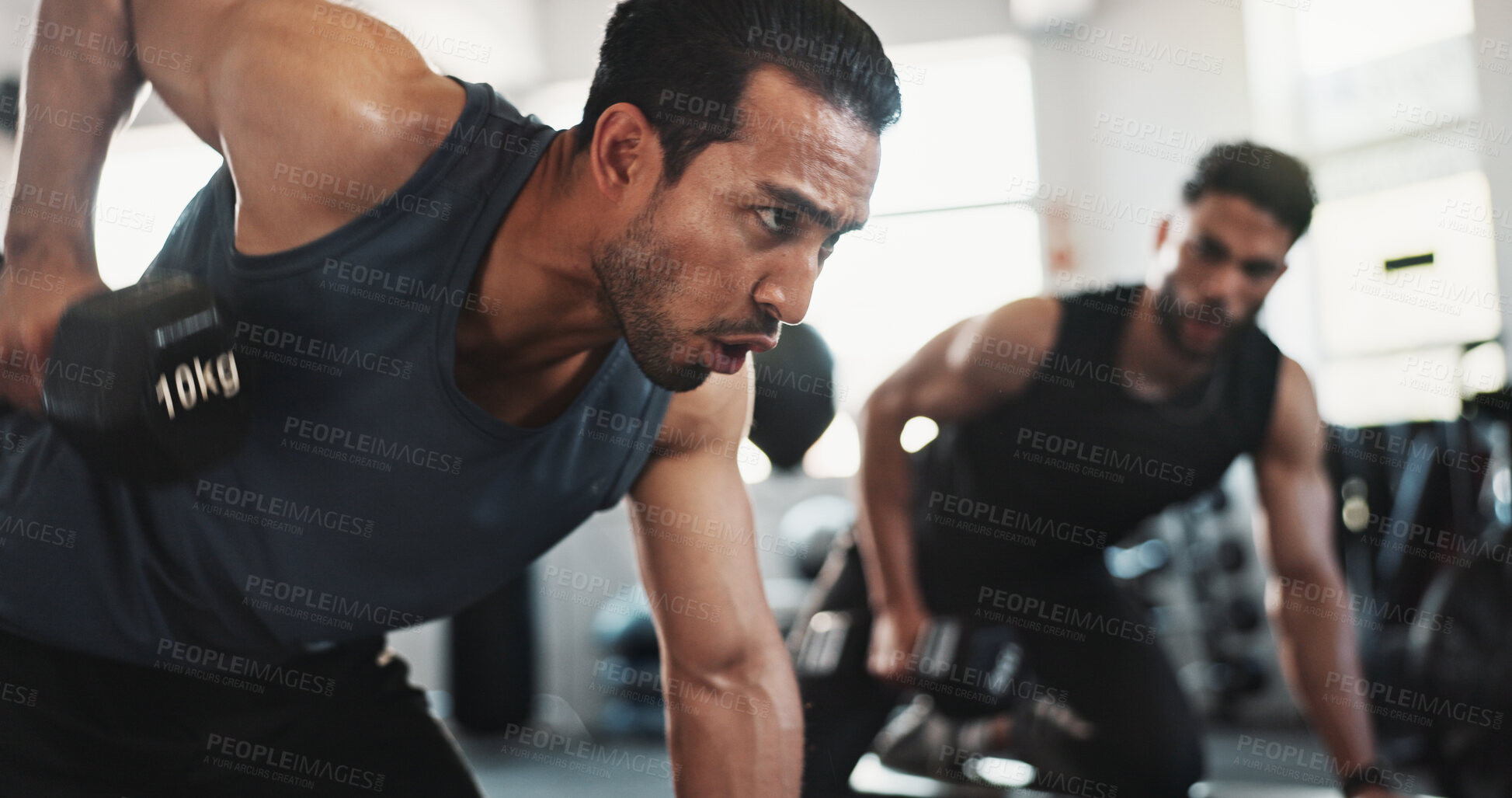 Buy stock photo Fitness, bodybuilder and men in gym with weights for intense training, exercise and workout. Sports, personal trainer and people with dumbbell equipment for muscle strength, breathing and challenge