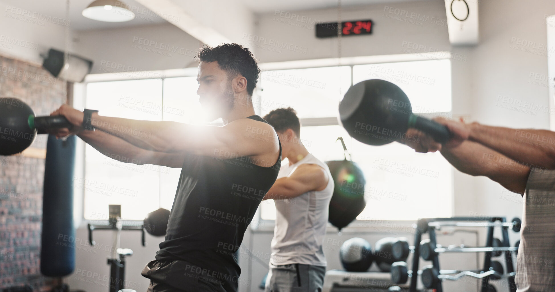 Buy stock photo Fitness, kettle bells and men in gym with weights for bodybuilding training, exercise and workout. Sports, serious and people with weightlifting equipment for muscle strength, health and challenge