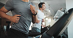 Men, hands and running with treadmill at gym for cardio exercise, workout or training. Active, male people or runner with watch or machine for fitness, wellness or endurance at indoor health club