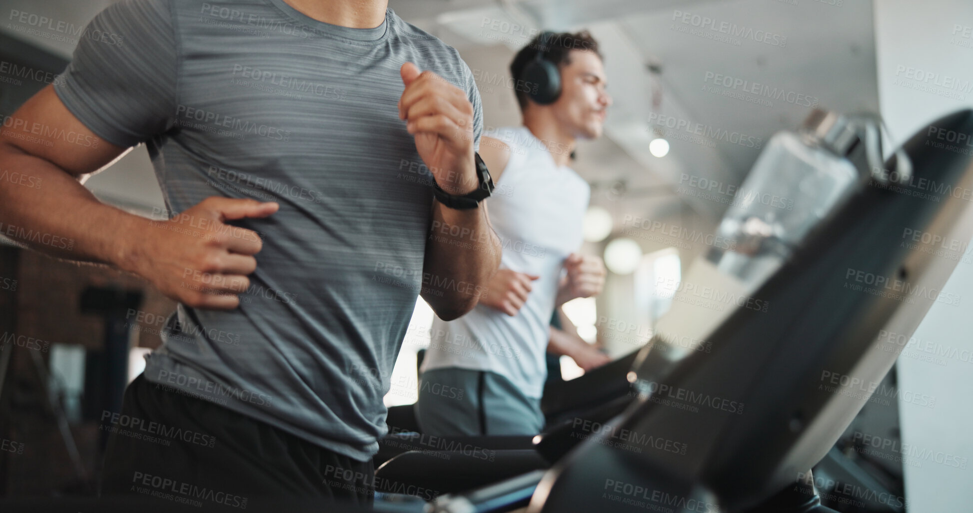 Buy stock photo Men, hands and running with treadmill at gym for cardio exercise, workout or training. Active, male people or runner with watch or machine for fitness, wellness or endurance at indoor health club