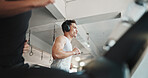 Man, running and headphones with treadmill at gym for cardio workout, exercise or training. Active, male person or runner with headset for music, listening or podcast in fitness at indoor health club