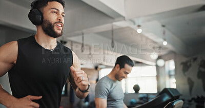 Buy stock photo Man, headphones and exercise on treadmill at gym for running, training and cardio workout. Fitness, happy athlete and listening to music or radio on machine for marathon endurance and speed challenge