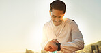 Wristwatch, fitness and man in city, lens flare and confidence with schedule, tracking and challenge. Person, outdoor and guy with smile, exercise and monitoring training with health and check time