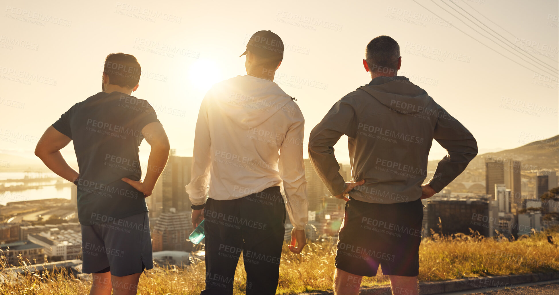 Buy stock photo Back, city and fitness with runner men outdoor for break from exercise, sports or training routine. Cardio, sunrise and view with athlete people in urban together for marathon workout as team