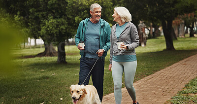 Buy stock photo Coffee, old couple and walking dog in park together for outdoor fitness, health or wellness. Exercise, hobby or smile with senior man and woman training pet Labrador in nature for animal obedience