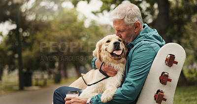 Buy stock photo Park, senior man and dog with kiss for bonding, walking break and companion in retirement outdoor. Male person, owner and care for golden retriever as animal, friendly pet and loyalty on bench