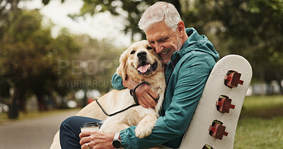 Buy stock photo Park, senior man and dog with hug for bonding, fitness break and companion in retirement outdoor. Male person, happy owner and care for golden retriever as animal, friendly pet and loyalty on bench