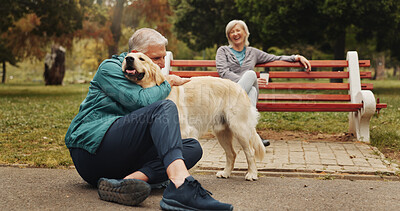 Buy stock photo Park, old couple and man with dog for hug, bonding or fitness break in retirement outdoor by bench. Senior people, woman or partner with golden retriever as animal, friendly pet or companion for care