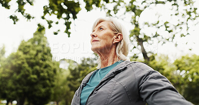 Buy stock photo Outdoor, park and mature woman with thinking, calm and view from exercise and fitness with athlete. Nature, idea and wellness with relax, training and workout for health in the morning with low angle