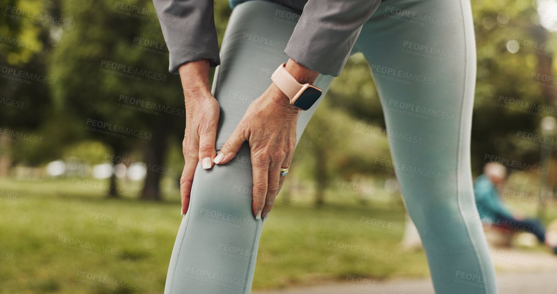 Buy stock photo Knee pain, hands and mature person in park for running, muscle tension or pressure with injury outdoor. Joint ache, inflammation or fitness mistake with risk of fracture, osteoporosis and bad sprain