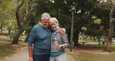 Buy stock photo Outdoor, park and mature couple with fitness, hug and marriage with exercise and water bottle. Nature, happy and people with love, smile and workout for health in the morning on weekend break
