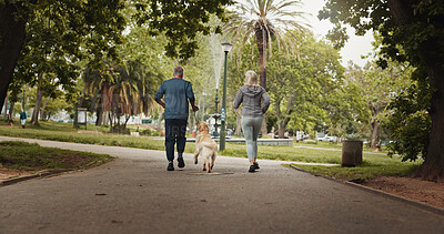 Buy stock photo Dog walking, old couple and running in park together for outdoor fitness, health or wellness. Back, exercise or leisure with senior man and woman training pet Labrador in nature for animal obedience