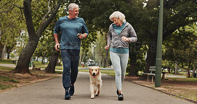 Buy stock photo Dog, old couple and running in park together for outdoor fitness, health or wellness. Exercise, hobby or leisure with happy senior man and woman training pet Labrador in nature for animal obedience