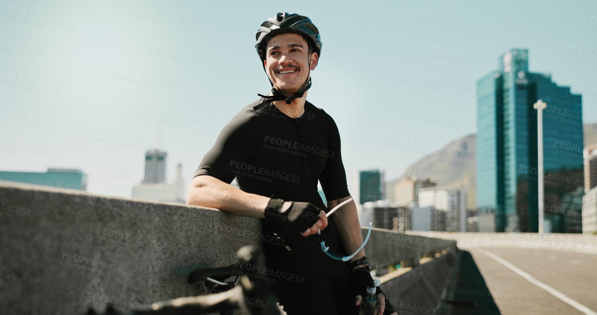 Buy stock photo Smile, training and cycling with man in city for triathlon challenge, race and workout. Wellness, exercise and competition with person and bike in outdoors for sports, carbon footprint and cardio