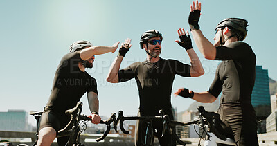 Buy stock photo Bike, city and high five with sports people outdoor together for encouragement, motivation or success. Done, Germany and partnership with cycling friends in urban town for exercise or fitness