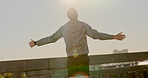 Back, open arms and man with fitness, celebration and target with success, achievement and health. Runner, person and athlete in city, energy and workout with exercise goals, endurance and training