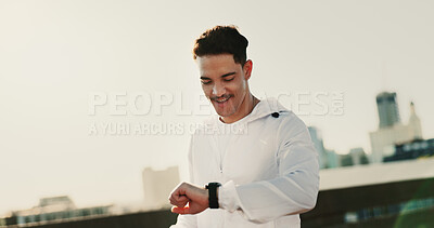 Buy stock photo Man, runner and smart watch for fitness in city with smile for training, challenge or timer with mockup space. Person, athlete and check stopwatch in road for workout, progress or happy in Costa Rica