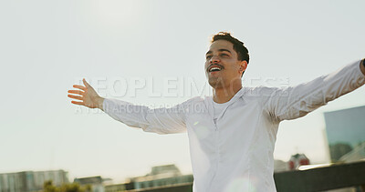 Buy stock photo Man, runner and happy with celebration in city with goals for winning, challenge or speed with fitness. Person, athlete and smile for success on bridge for workout, progress or cheers in Costa Rica