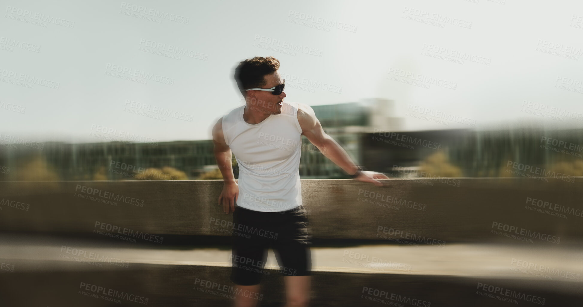 Buy stock photo Motion blur, running and tired with man in city for vertigo, fitness and training fatigue. Dehydration, workout and marathon challenge with person and outdoors for speed, mental health and athlete