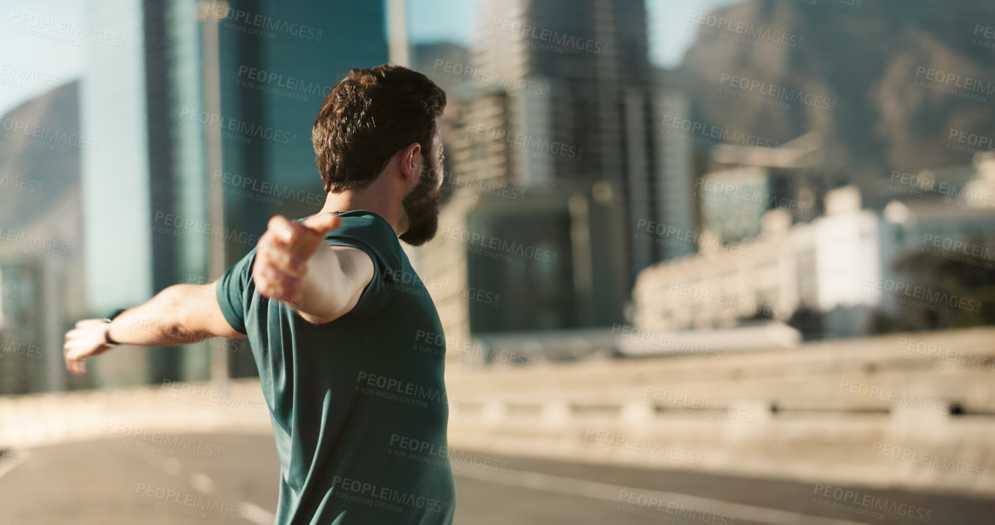 Buy stock photo Fitness, stretching and man in city for morning workout, outdoor health and wellness in street. Urban, road and runner with warm up, thinking or commitment to exercise, marathon training or challenge