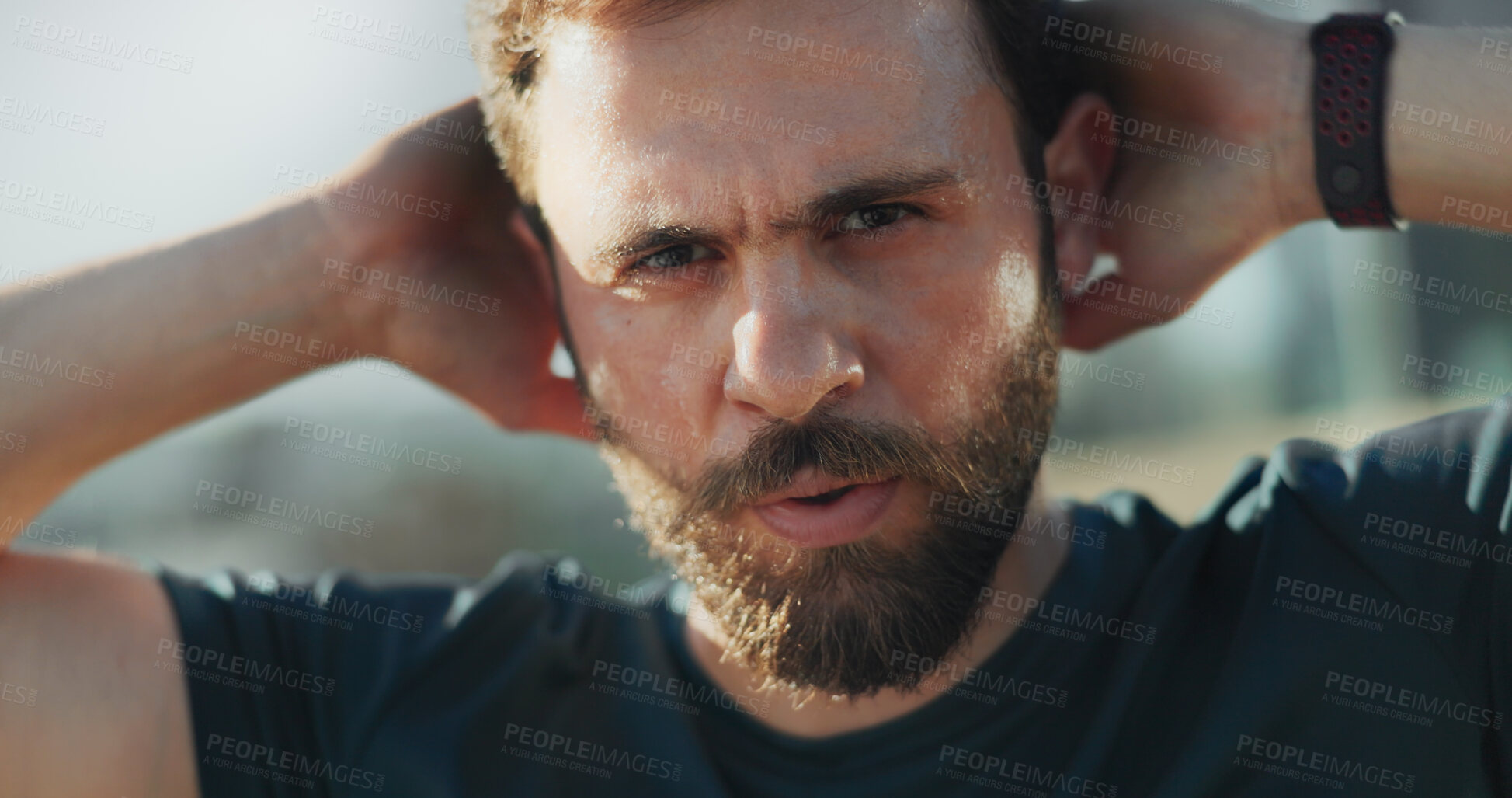 Buy stock photo Fitness, man and portrait in city with rest, break and determination for workout progress. Face, athlete and tired in Puerto Rico with ambition, wellness and commitment for healthy body in challenge