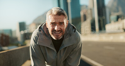 Buy stock photo Mature man, fitness and portrait on bridge with break for tired, running challenge and marathon training. Breathe, exhausted and male athlete with cardio exercise or workout on city road with fatigue