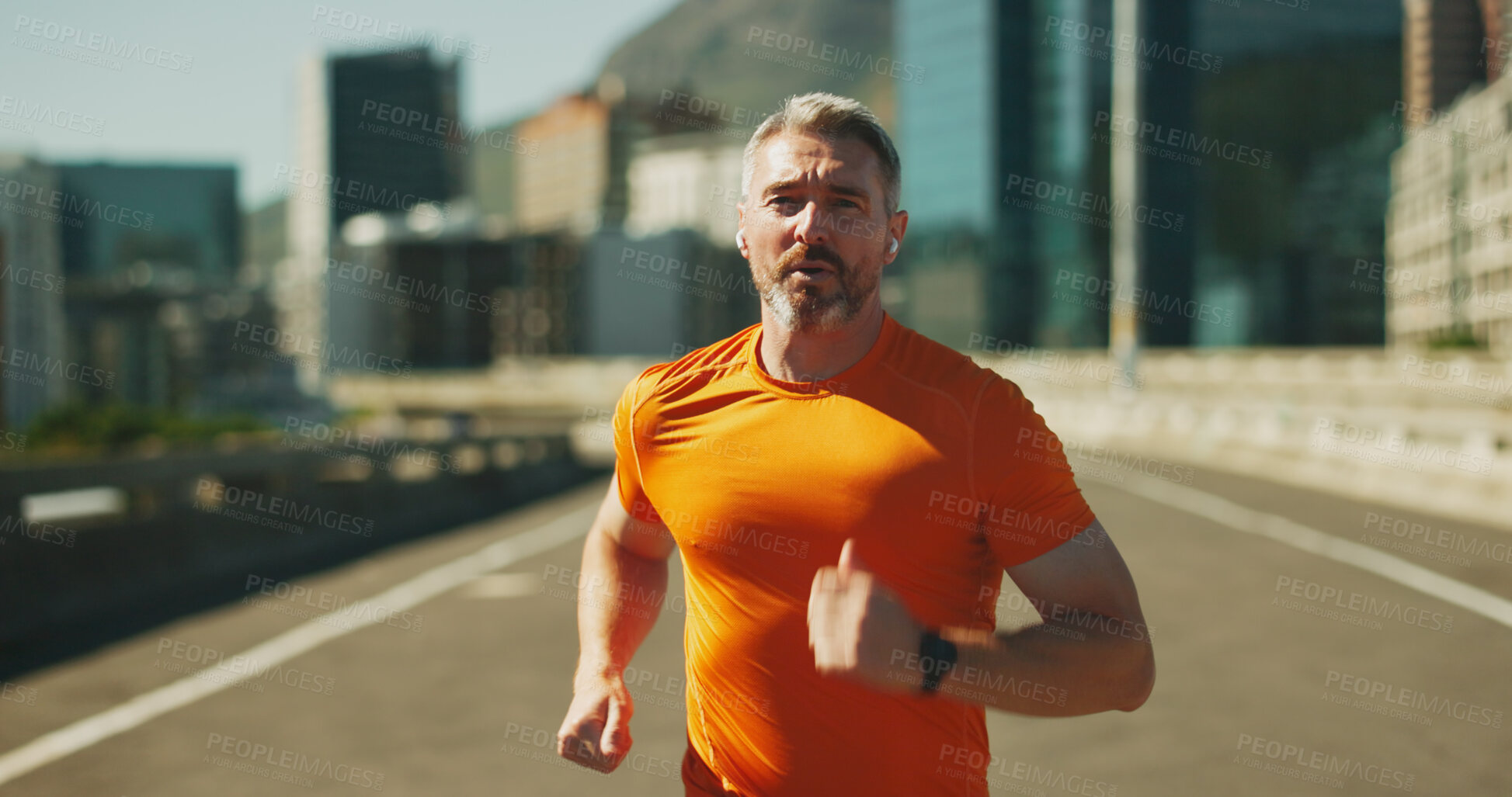 Buy stock photo Man portrait, city and runner with earphones for fitness, streaming music and road for cardio. Mature person, urban street and athlete for sports workout, hearing song and town for training activity