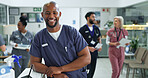 Black man, hospital and portrait of nurse for healthcare service, medicine and clinic reception. Male person, front desk and specialist for consultation, medical care and surgeon for helping pride