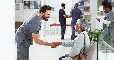 Buy stock photo Doctor, handshake and meeting with old woman in hospital for consulting, diagnosis and healthcare results. Support, advice and trust with people in clinic for medical exam, life insurance and patient