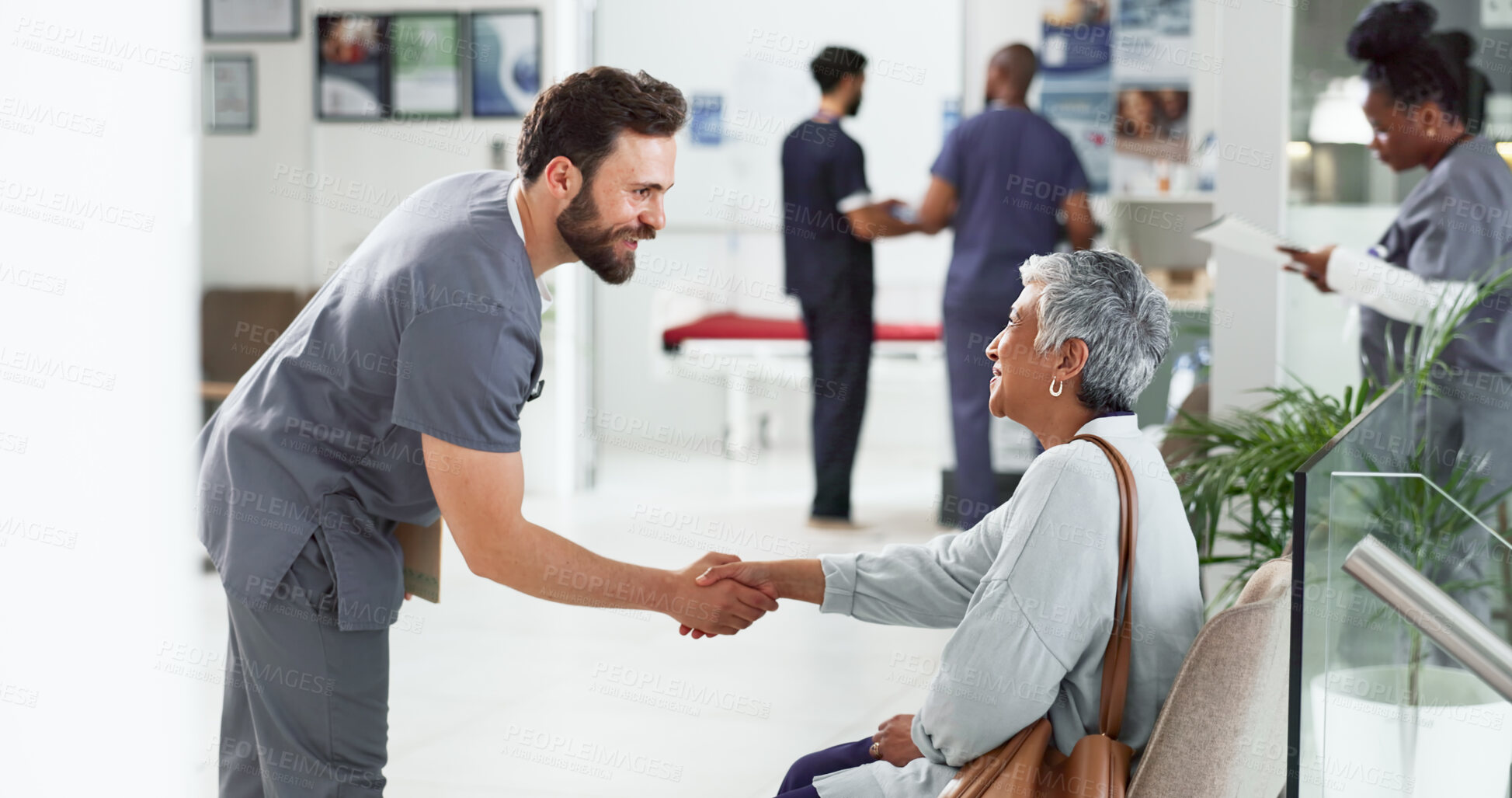 Buy stock photo Doctor, handshake and meeting with old woman in hospital for consulting, diagnosis and healthcare results. Support, advice and trust with people in clinic for medical exam, life insurance and patient