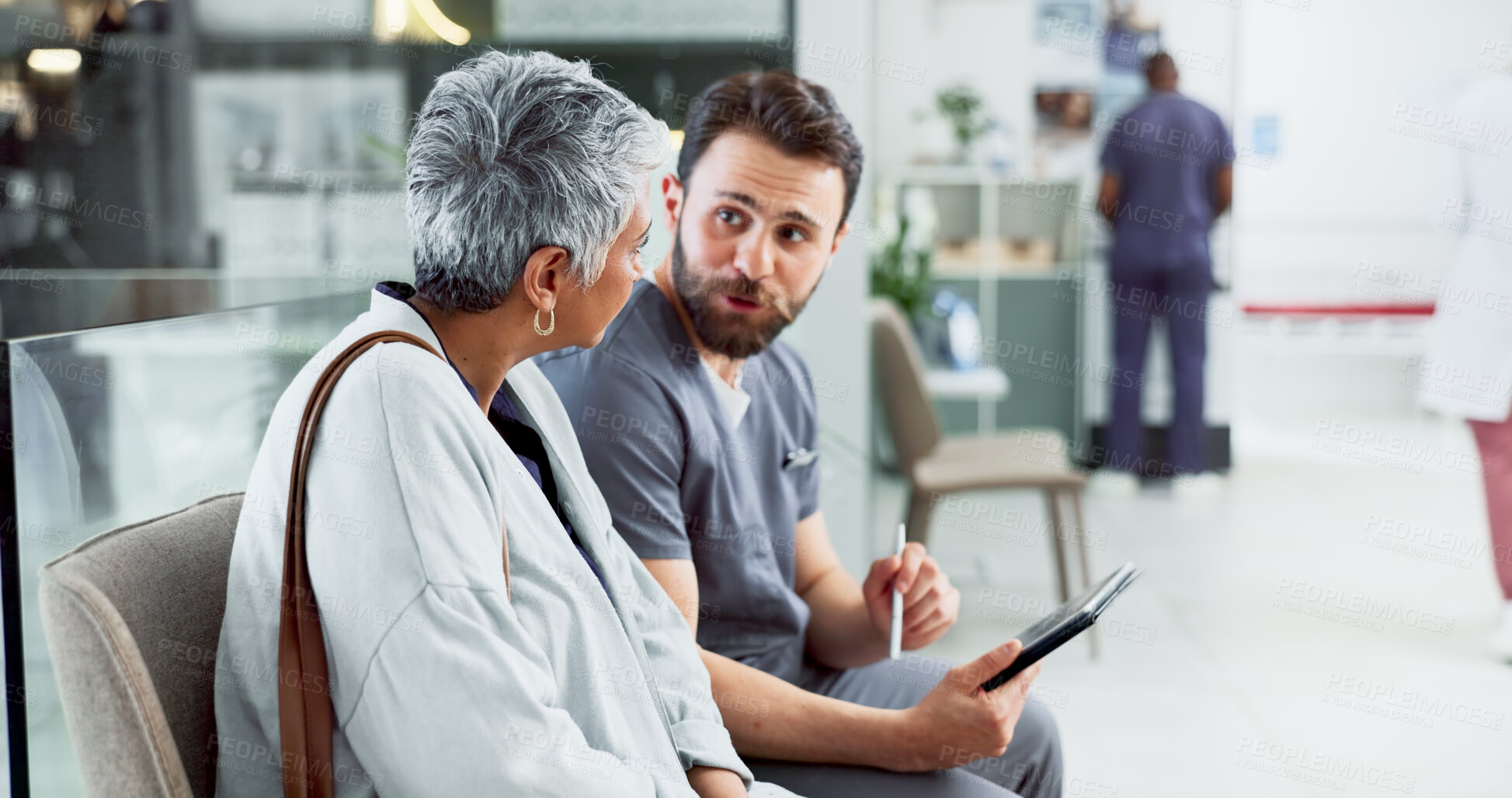 Buy stock photo Doctor, consulting and tablet with old woman in hospital for talking, meeting and healthcare results. Support, advice and digital report with people for medical exam, life insurance and patient