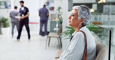 Buy stock photo Thinking, waiting and senior woman in hospital, medical and calm with healthcare. Thoughts, mature person and lady in clinic, anxiety and wonder with decision, choice and peace with break