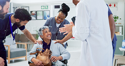 Buy stock photo Applause, doctor or woman in wheelchair for recovery, healing or surgery success in hospital. Excited people, senior patient or staff in lobby for support, cancer free or rehabilitation in healthcare