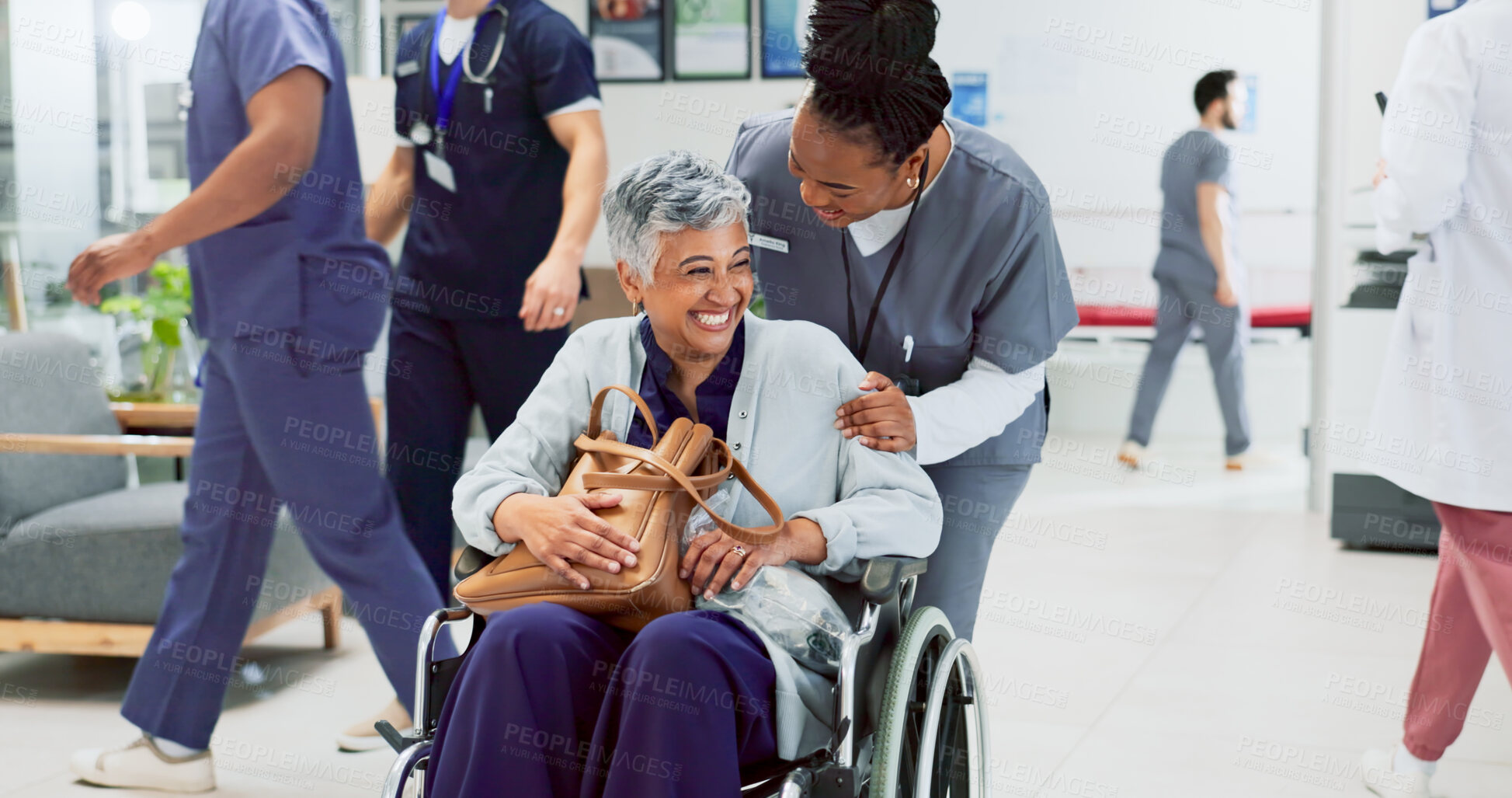 Buy stock photo Excited, doctor and woman in wheelchair for recovery, healing or surgery success in hospital. Happy people, senior patient or nurse in lobby for discharge, cancer free or rehabilitation in healthcare