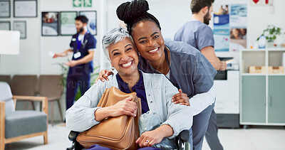 Buy stock photo Portrait, doctor and happy woman in wheelchair for recovery, healing or surgery success in hospital. Nurse, senior patient or smile in lobby for discharge, cancer free or rehabilitation in healthcare